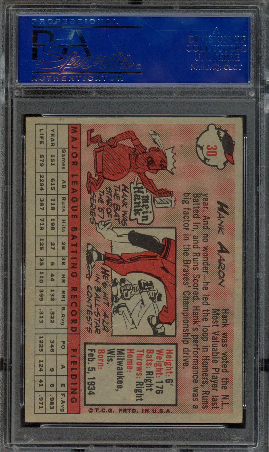 1958 TOPPS #30 HANK AARON WHITE NAME PSA 4 - Image 2