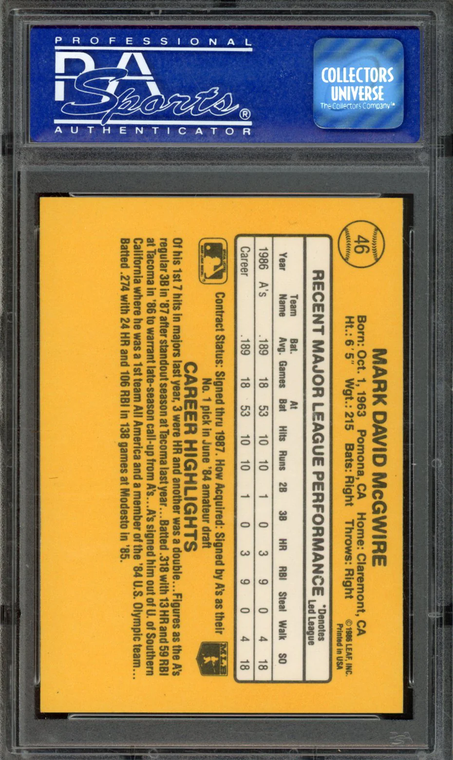 1987 DONRUSS #46 MARK McGWIRE PSA 8 - Image 2