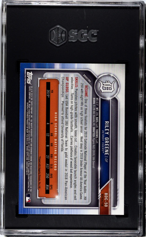RILEY GREENE #BDC-50 2019 BOWMAN CHROME DRAFT REFRACTOR SGC 10 GEM - Image 2