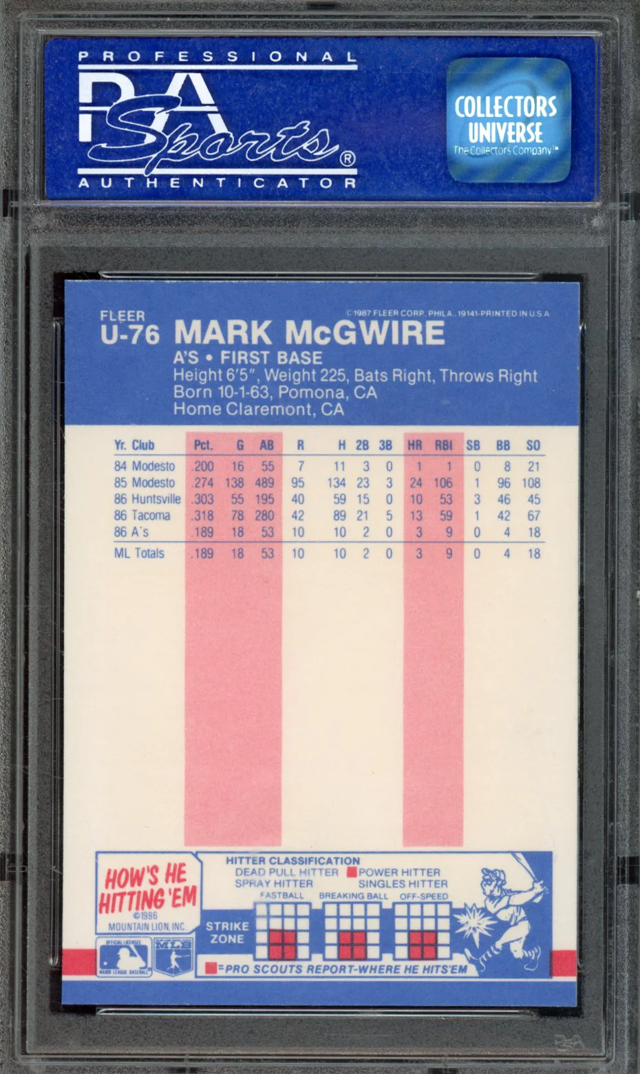 1987 FLEER UPDATE #U-76 MARK McGWIRE PSA 9 - Image 2