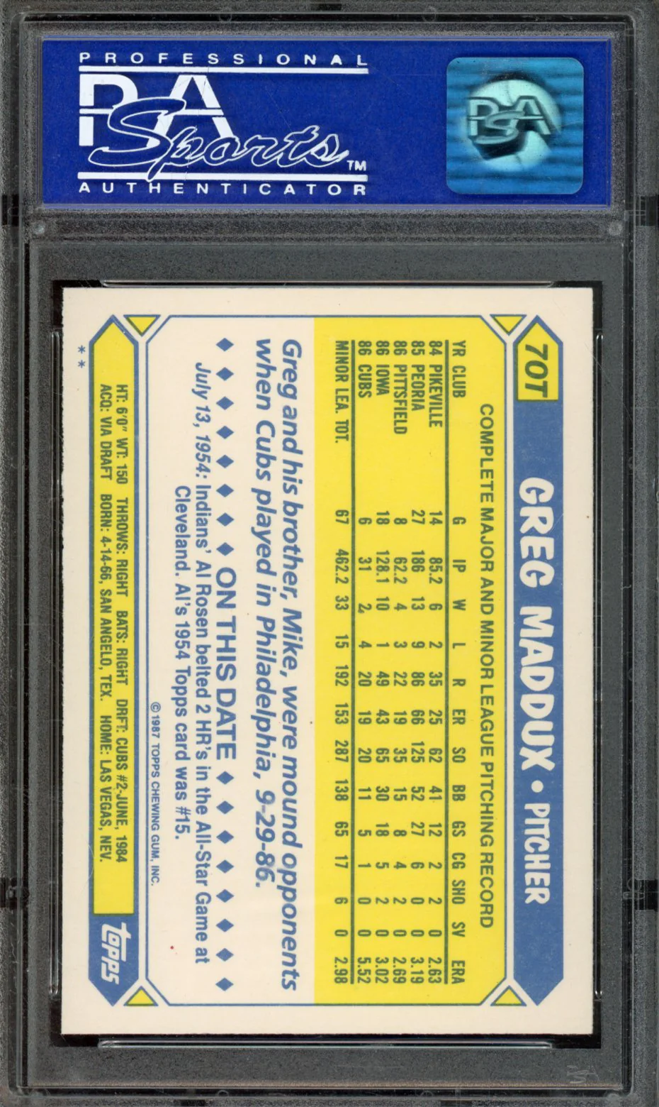 1987 TOPPS TRADED #70T GREG MADDUX PSA 9 - Image 2