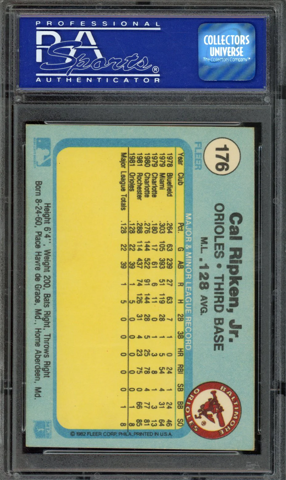 1982 FLEER #176 CAL RIPKEN JR. PSA 7 - Image 2