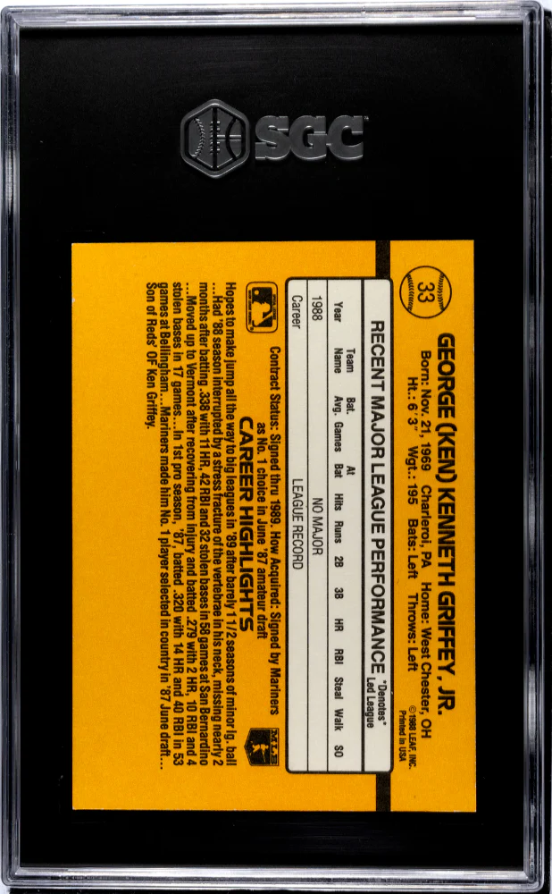 KEN GRIFFEY JR. #33 1989 DONRUSS - SGC 9 MT - Image 2