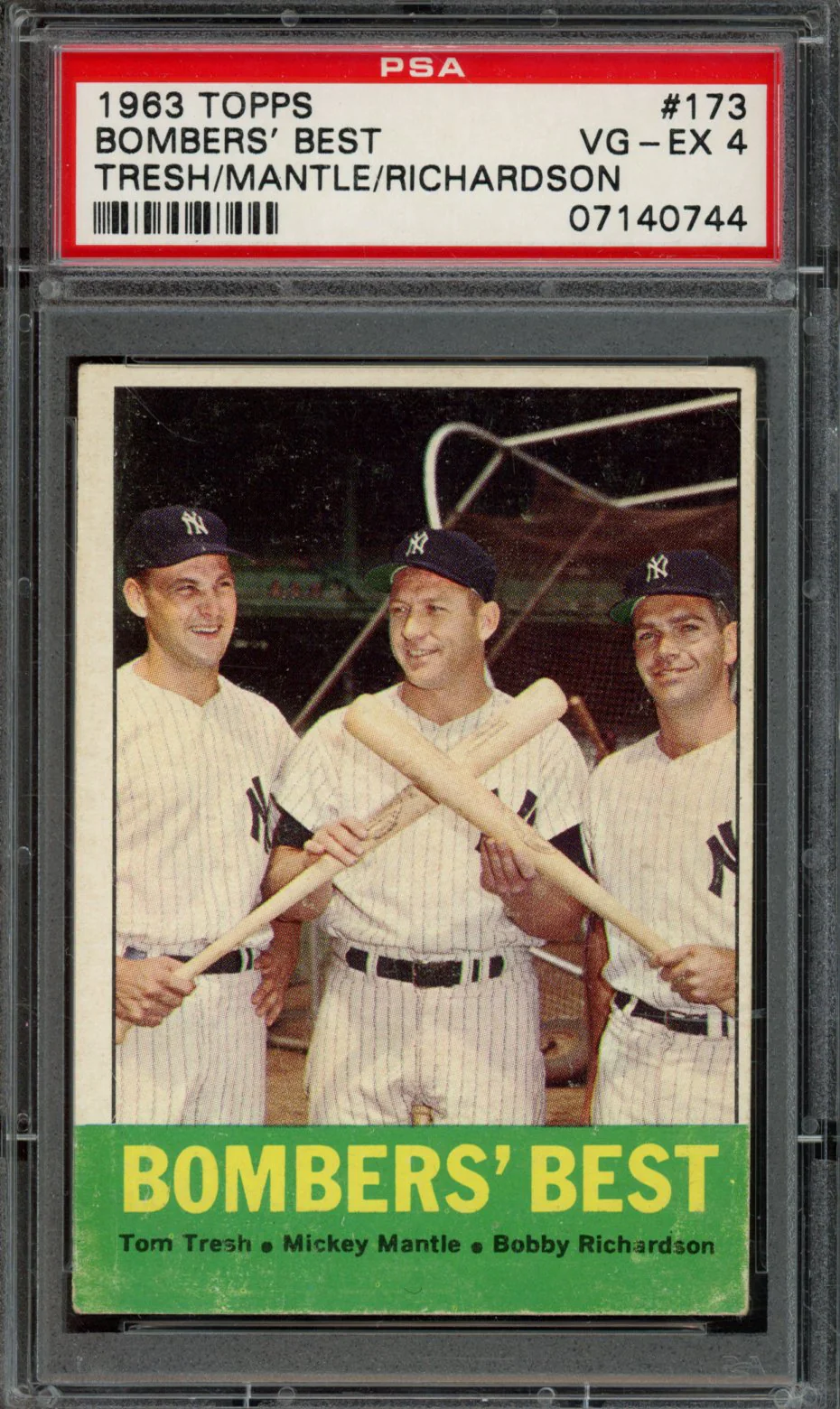 1963 TOPPS #173 BOMBERS' BEST TRESH/MANTLE/RICHARDSON PSA 4