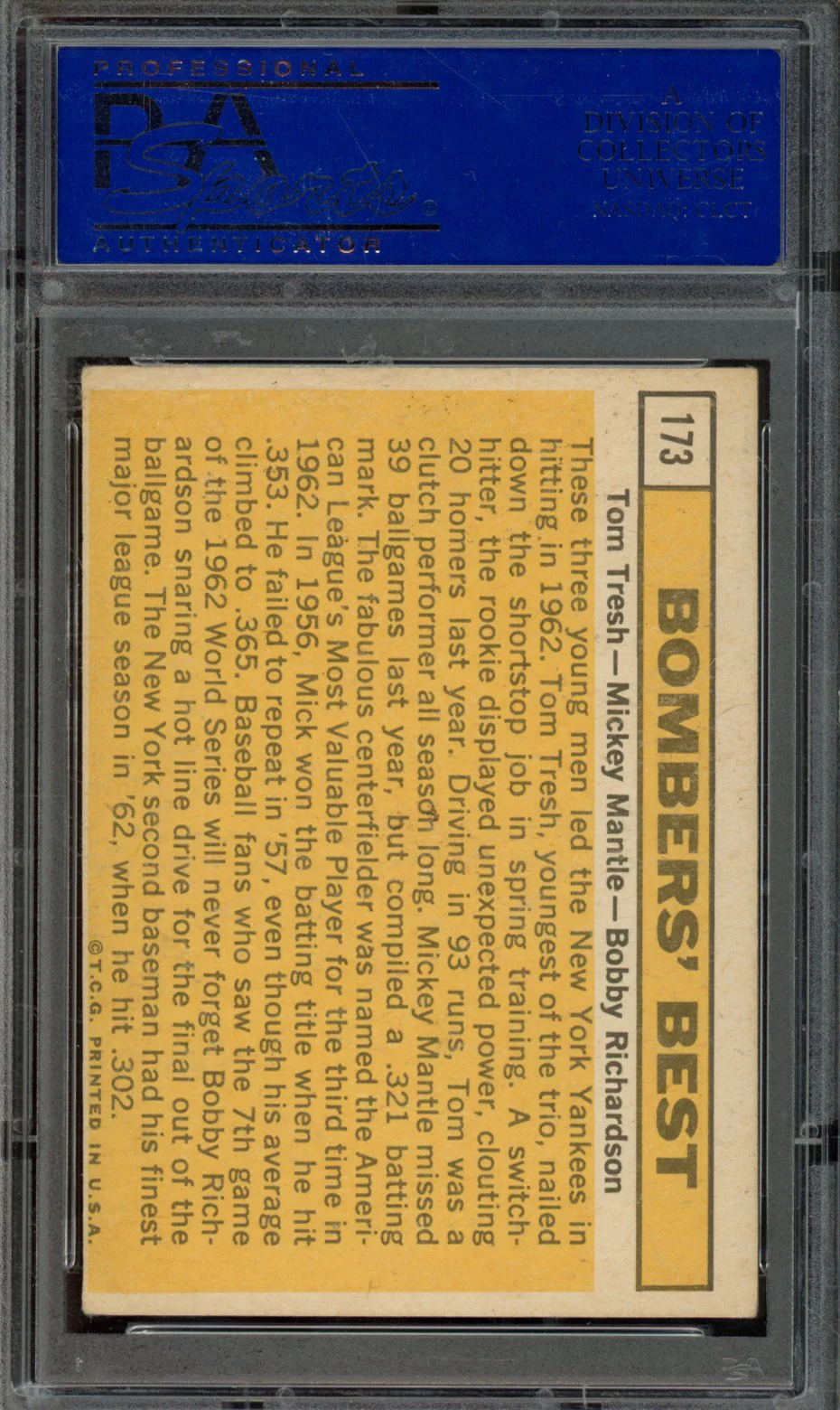 1963 TOPPS #173 BOMBERS' BEST TRESH/MANTLE/RICHARDSON PSA 4 - Image 2