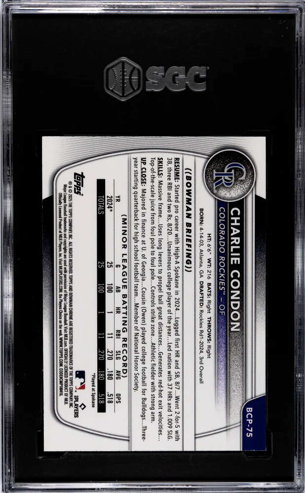 CHARLIE CONDON #BCP-75 2025 BOWMAN SAPPHIRE CHROME PROSPECT GREEN /99 SGC 9.5 MT+ - Image 2
