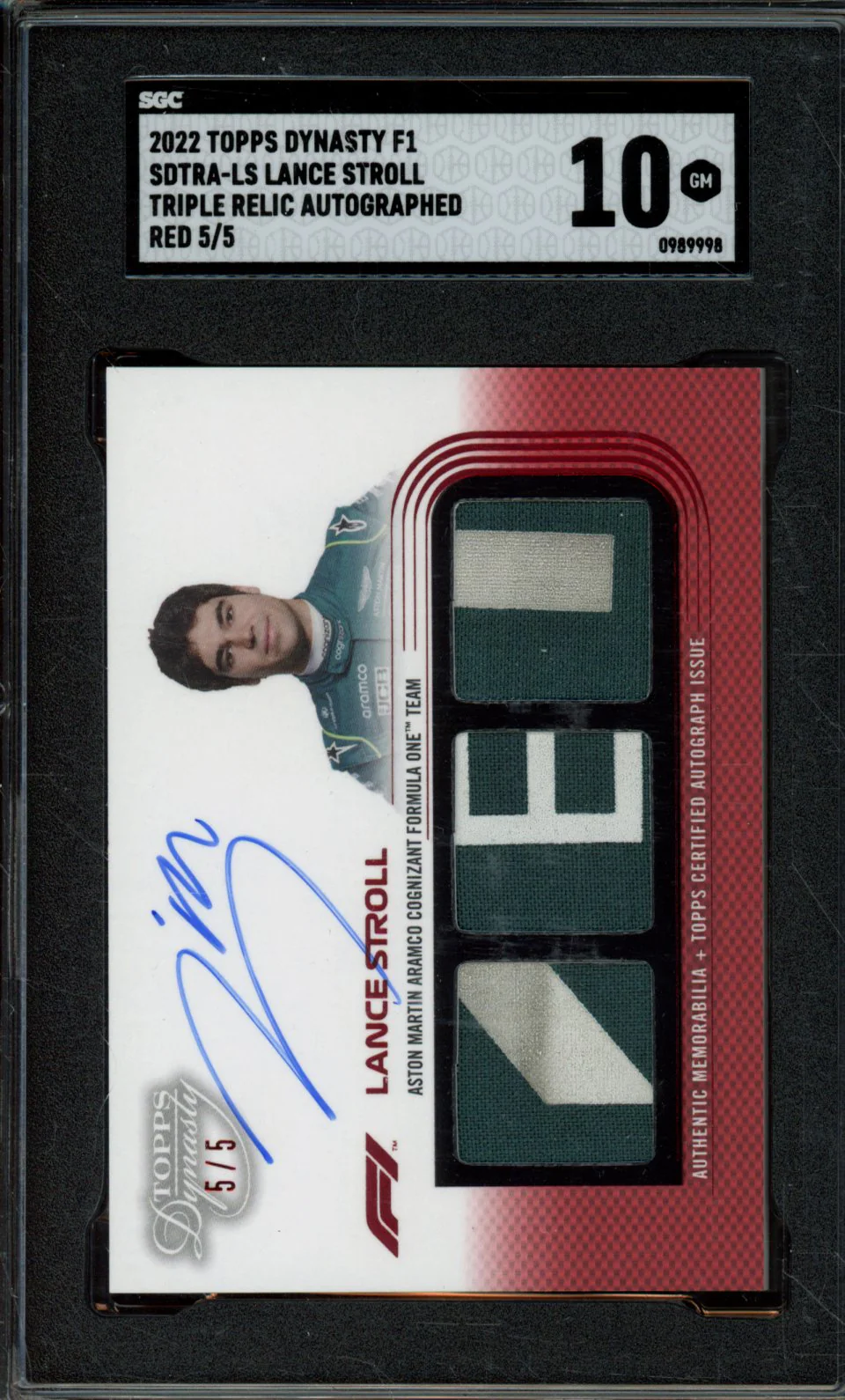 2022 TOPPS DYNASTY F1 SDTRA-LS LANCE STROLL TRIPLE RELIC AUTOGRAPHED RED 5/5 CGS 10