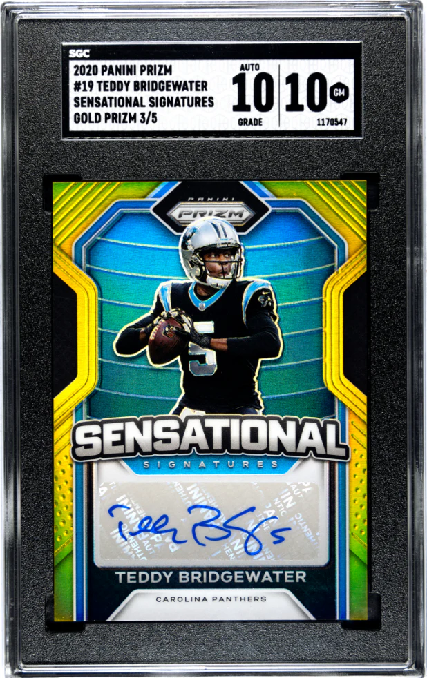 TEDDY BRIDGEWATER #19 2020 PANINI PRIZM SENSATIONAL SIGS. GOLD PRIZM /5 SGC 10 GEM