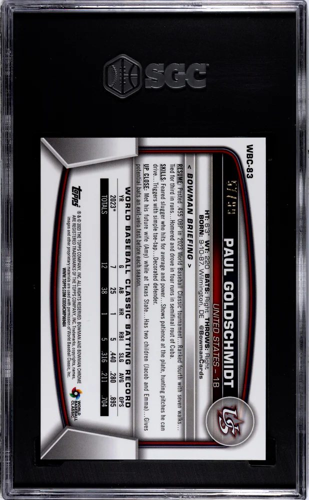 PAUL GOLDSCHMIDT #WBC-83 2023 BOWMAN CHROME WBC FLAG, GREEN REF. /99 SGC 9.5 MT+ - Image 2