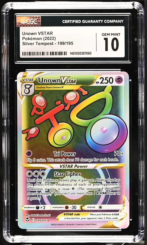 UNOWN VSTAR SILVER TEMPEST #199/195 RAINBOW RARE HOLO 2022 ENGLISH CGC GEM MINT 10