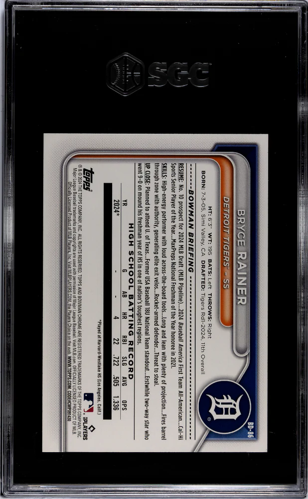 BRYCE RAINER #BD-86 2024 BOWMAN DRAFT - SGC 10 GEM - Image 2