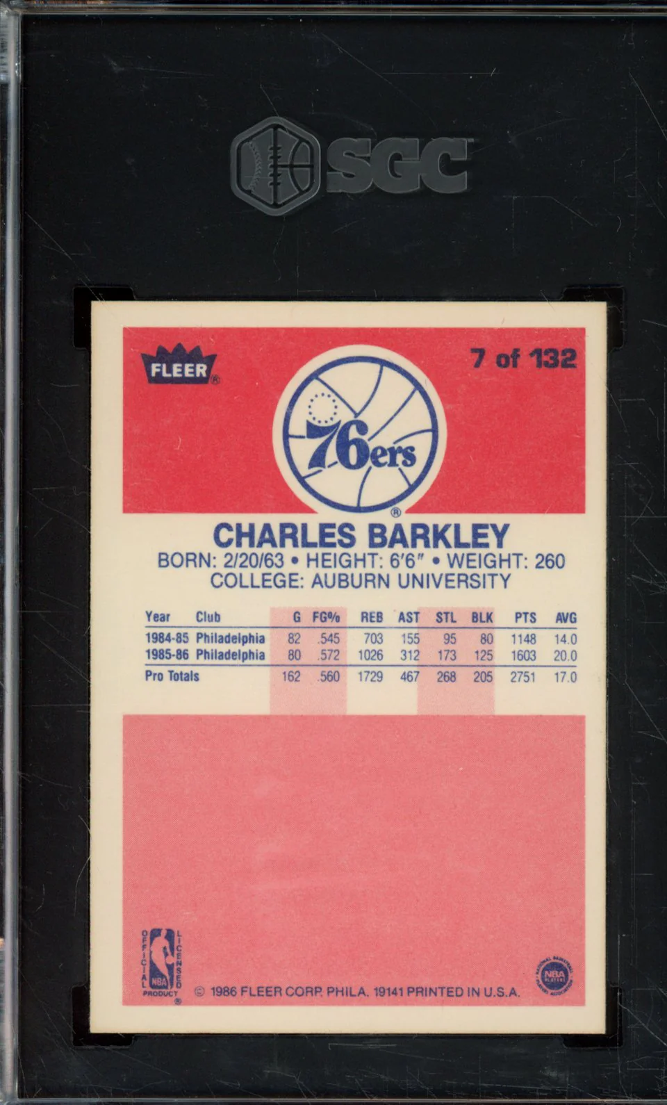 1986 FLEER CHARLES BARKLEY #7 SGC 7 - Image 2