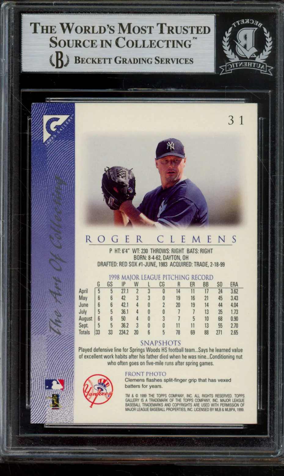 1999 TOPPS GALLERY ROGER CLEMENS #31 BECKETT AUTHENTIC AUTO - Image 2