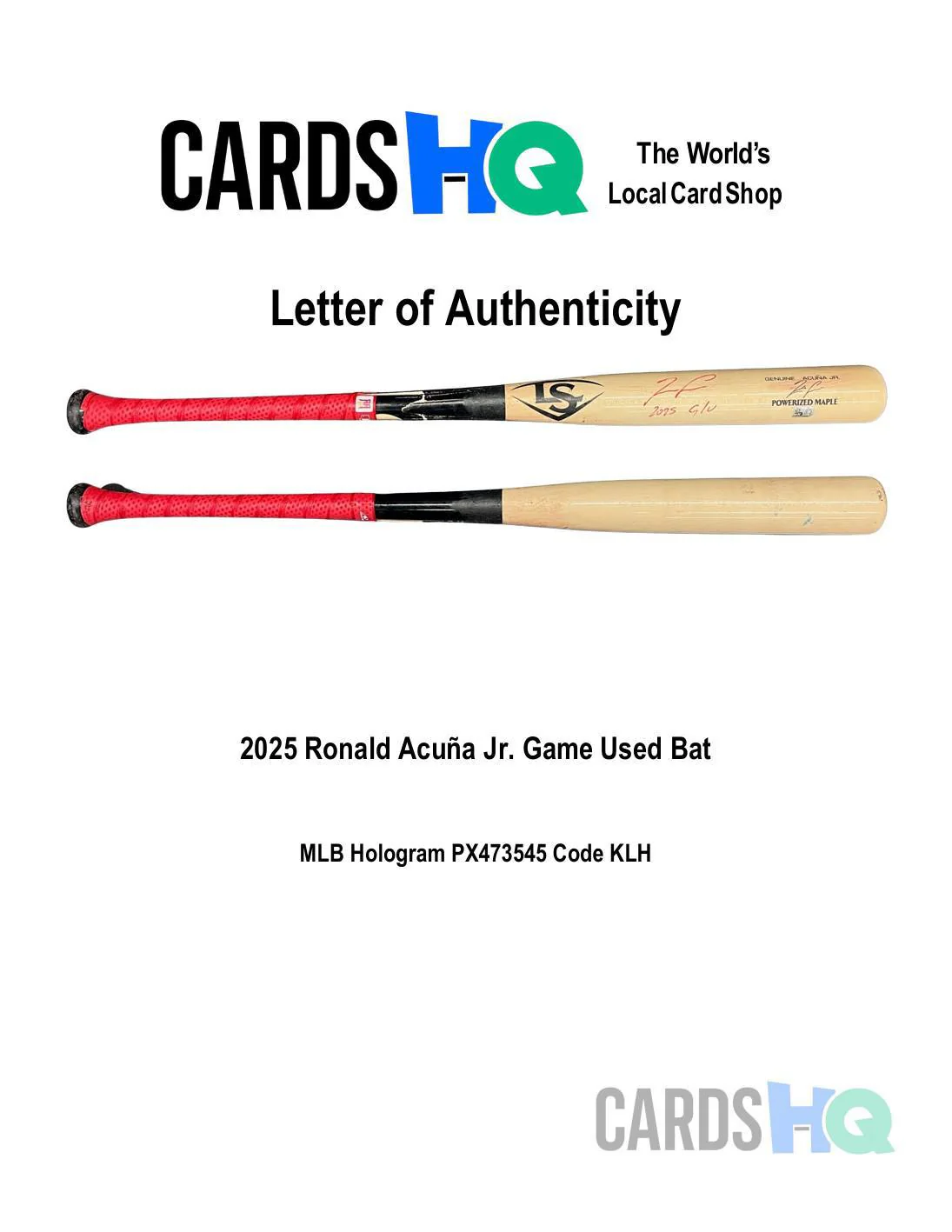 2025 Ronald Acuña Jr. Game Used Bat (PX473545 - 9/20/25, 9/21/25) - Image 2