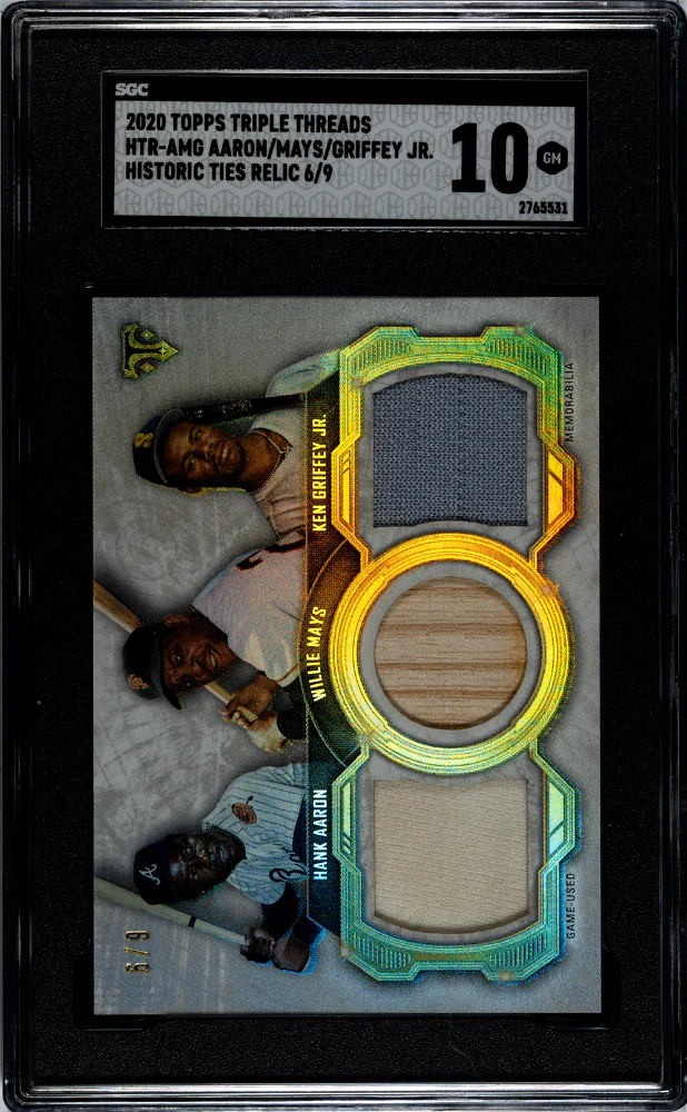 AARON/MAYS/GRIFFEY JR. #HTR-AMG 2020 TOPPS TRIPLE THREADS HISTORIC TIES RELIC /9 SGC 10 GEM
