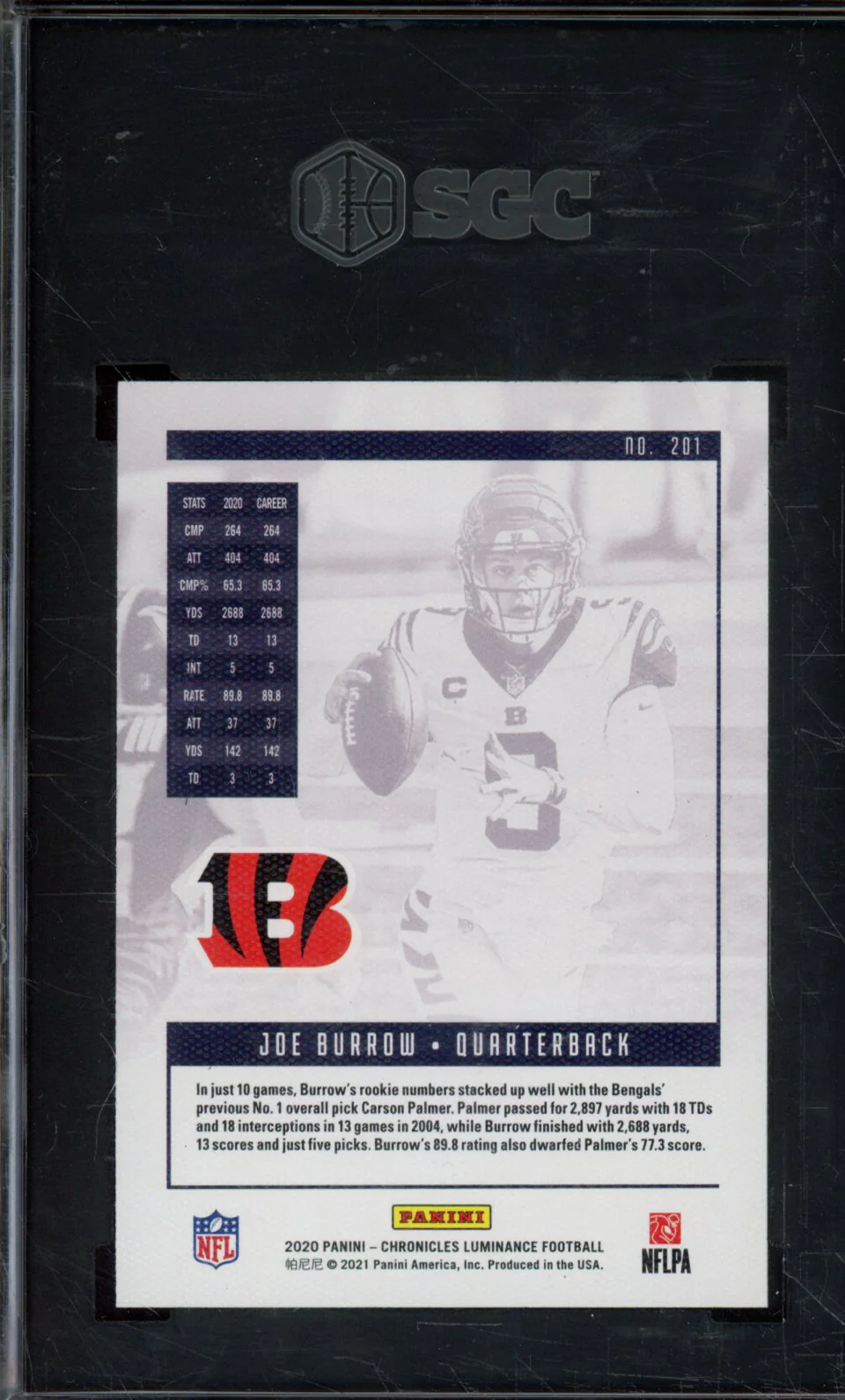 2020 PANINI CHRONICLES #201 JOE BURROW LUMINANCE SGC 10 - Image 2