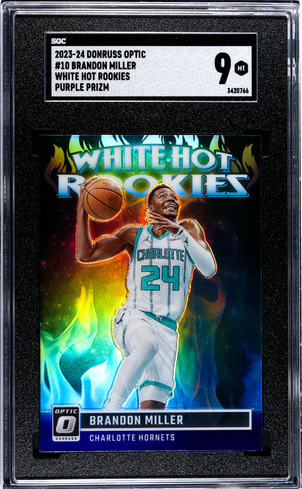 BRANDON MILLER #10 2023-24 DONRUSS OPTIC WHITE HOT ROOKIES PURPLE PRIZM SGC 9 MT