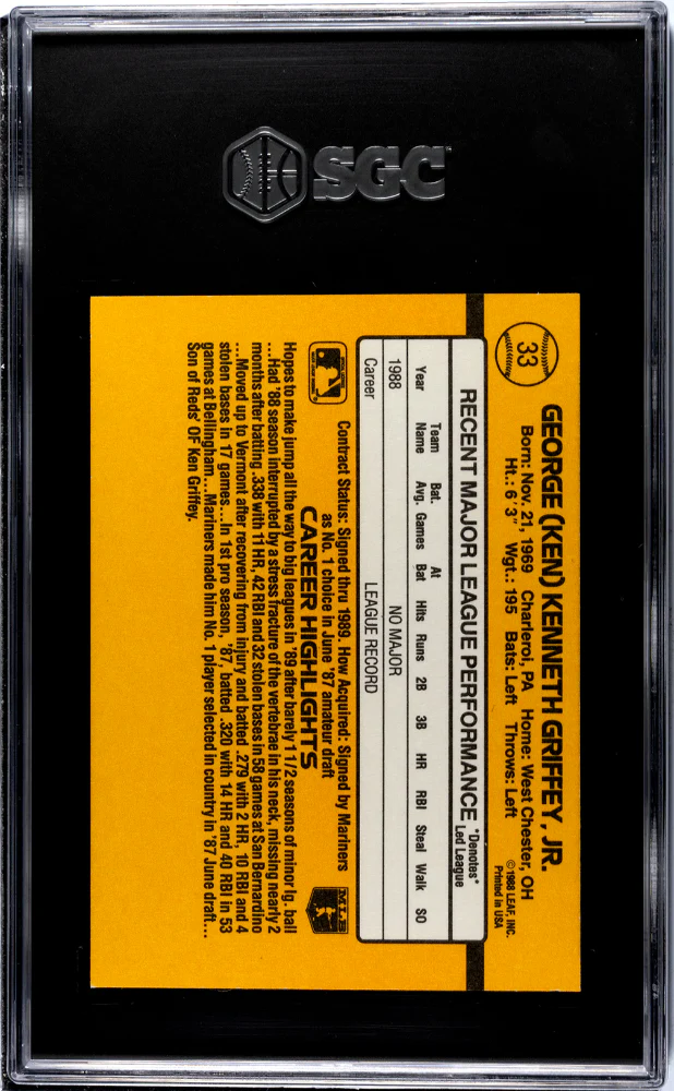 KEN GRIFFEY JR. #33 1989 DONRUSS - SGC 8 NM, MT - Image 2