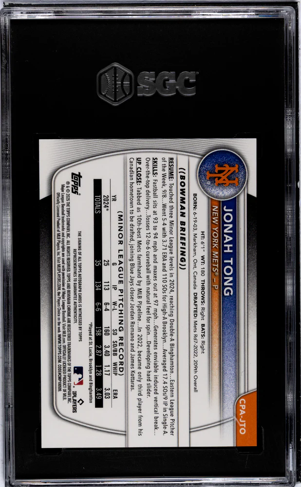 JONAH TONG #CPA-JTO 2025 BOWMAN CHROME PROSPECT AUTO. SGC 10 GEM - Image 2