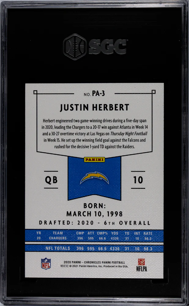 JUSTIN HERBERT #PA-3 2020 PANINI CHRONICLES PANINI SGC 10 GEM - Image 2