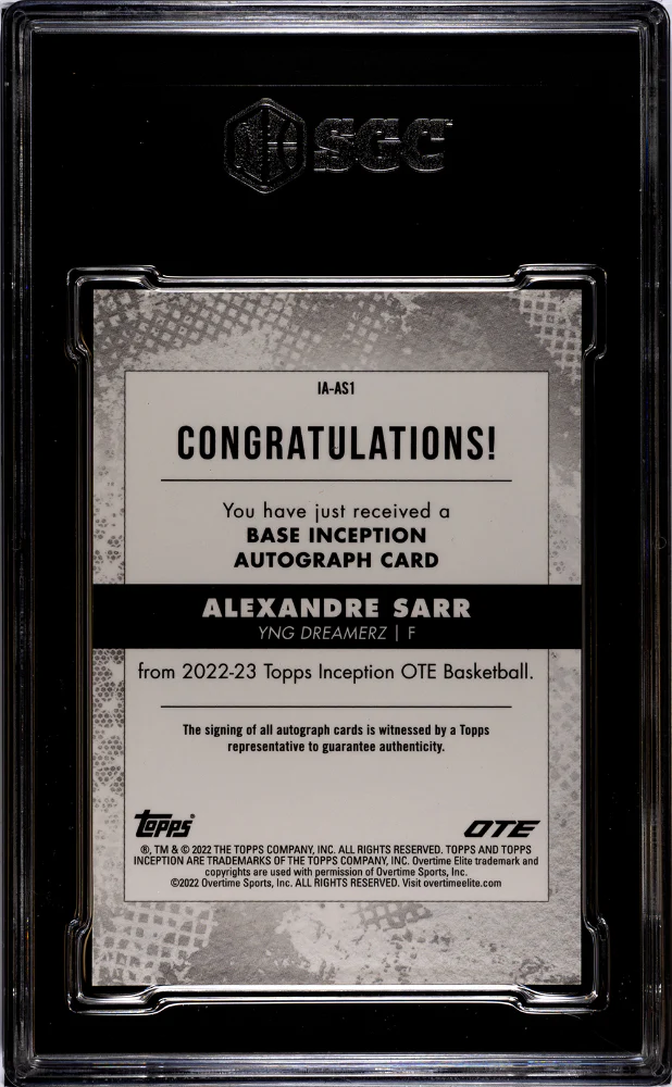 ALEXANDRE SARR #IA-AS1 2022-23 TOPPS INCEPTION OVERTIME ELITE AUTO. BLUE /25 SGC 10 GEM - Image 2