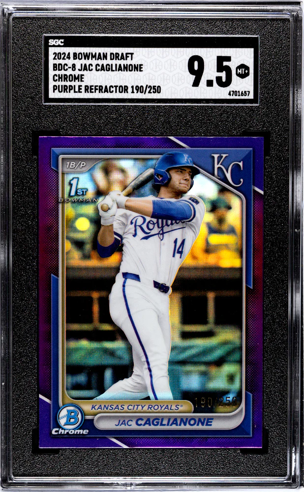JAC CAGLIANONE #BDC-8 2024 BOWMAN DRAFT CHR. PURPLE REF. /250 SGC 9.5 MT+