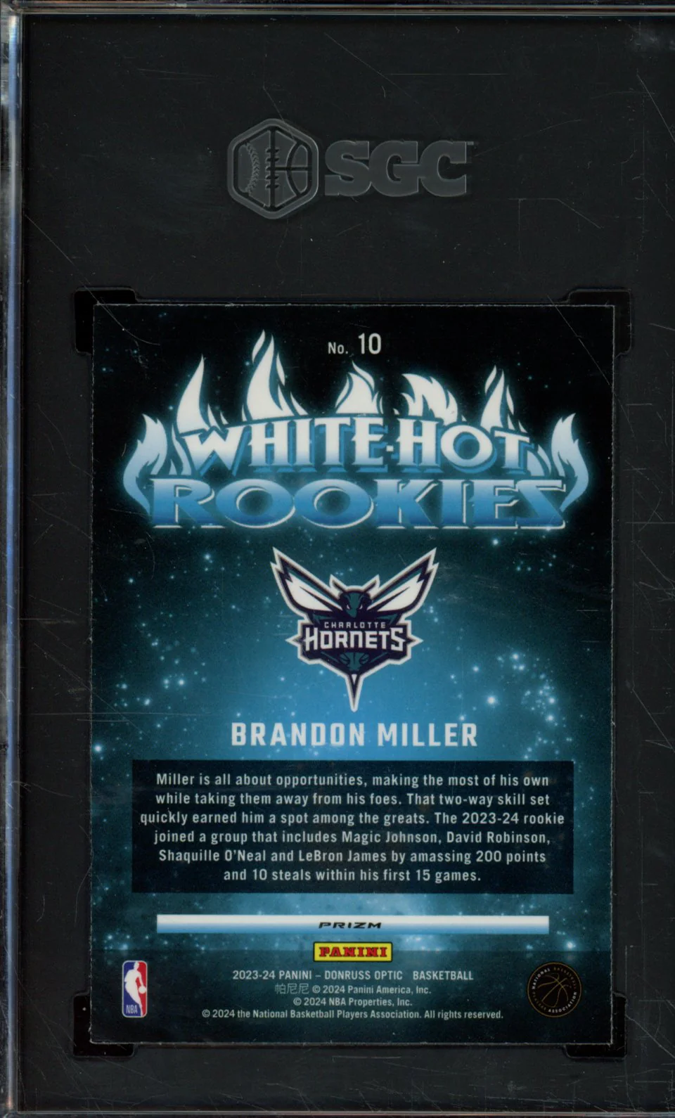 2023-24 DONRUSS OPTIC #10 BRANDON MILLER WHITE HOT ROOKIES HOLO PRIZM SGC 10 - Image 2
