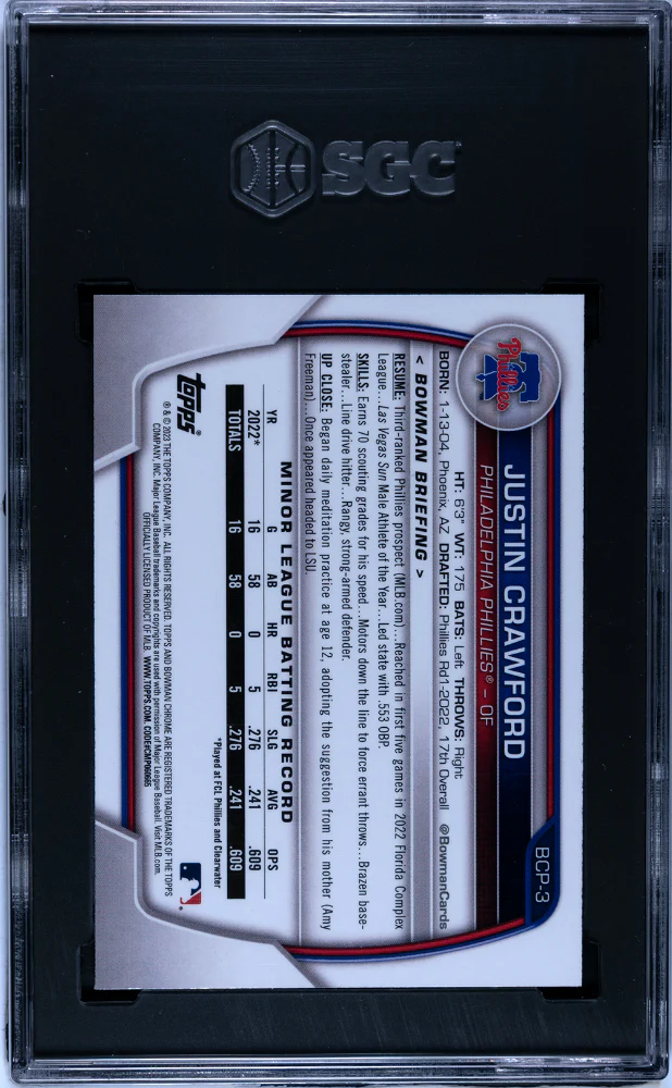 JUSTIN CRAWFORD #BCP-3 2023 BOWMAN CHR. PROS. SGC 10 GEM - Image 2