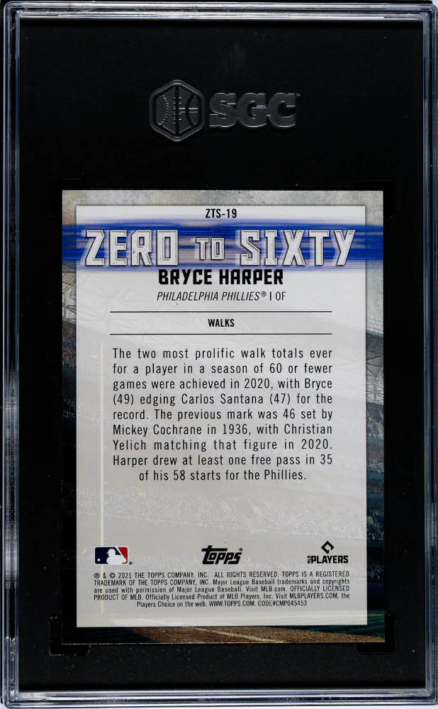 BRYCE HARPER #ZTS-19 2021 TOPPS ZERO TO SIXTY SGC 10 GEM - Image 2