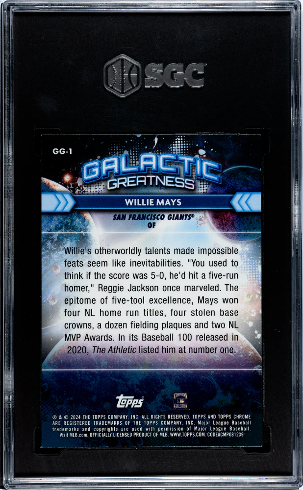 WILLIE MAYS #GG-1 2024 TOPPS COSMIC CHROME GALACTIC GREATNESS SGC 10 GEM - Image 2