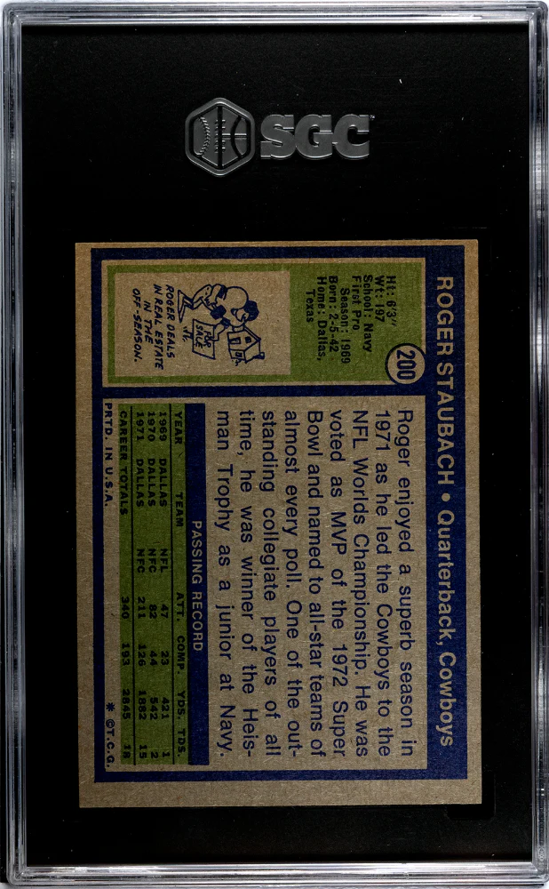 ROGER STAUBACH #200 1972 TOPPS - SGC 4.5 VG, EX+ - Image 2