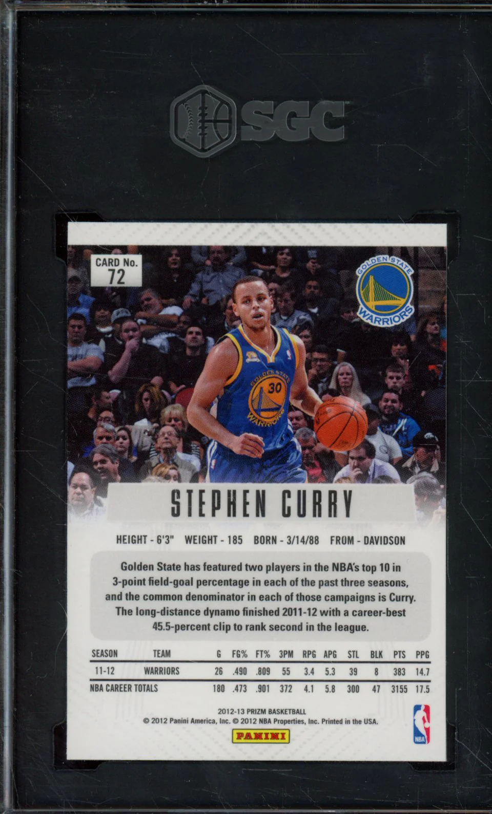 2012-13 PANINI PRIZM #72 STEPH CURRY SILVER PRISM SGC 10 - Image 2
