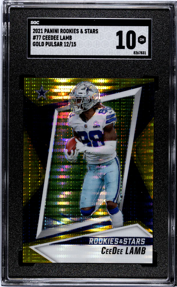 CEEDEE LAMB #77 2021 PANINI ROOKIES & STARS GOLD PULSAR /15 SGC 10 GEM
