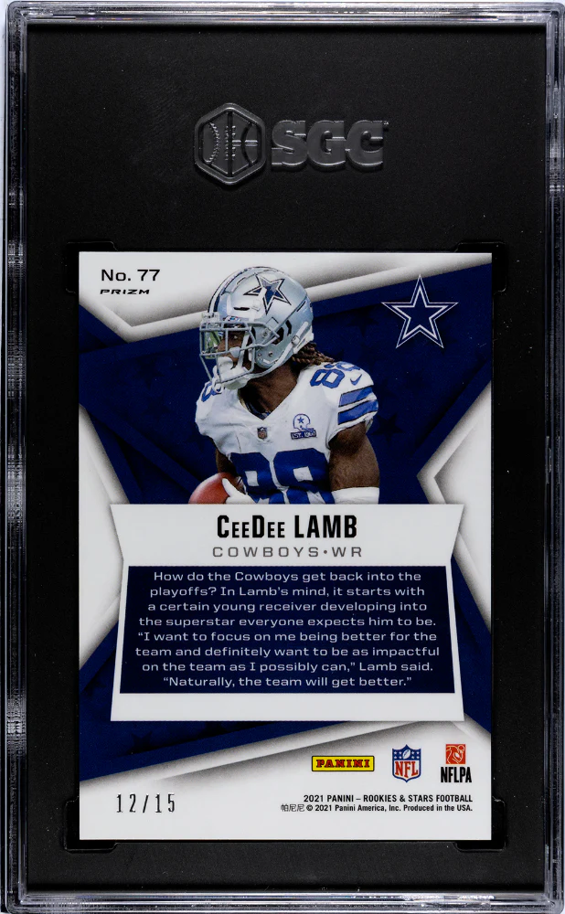 CEEDEE LAMB #77 2021 PANINI ROOKIES & STARS GOLD PULSAR /15 SGC 10 GEM - Image 2