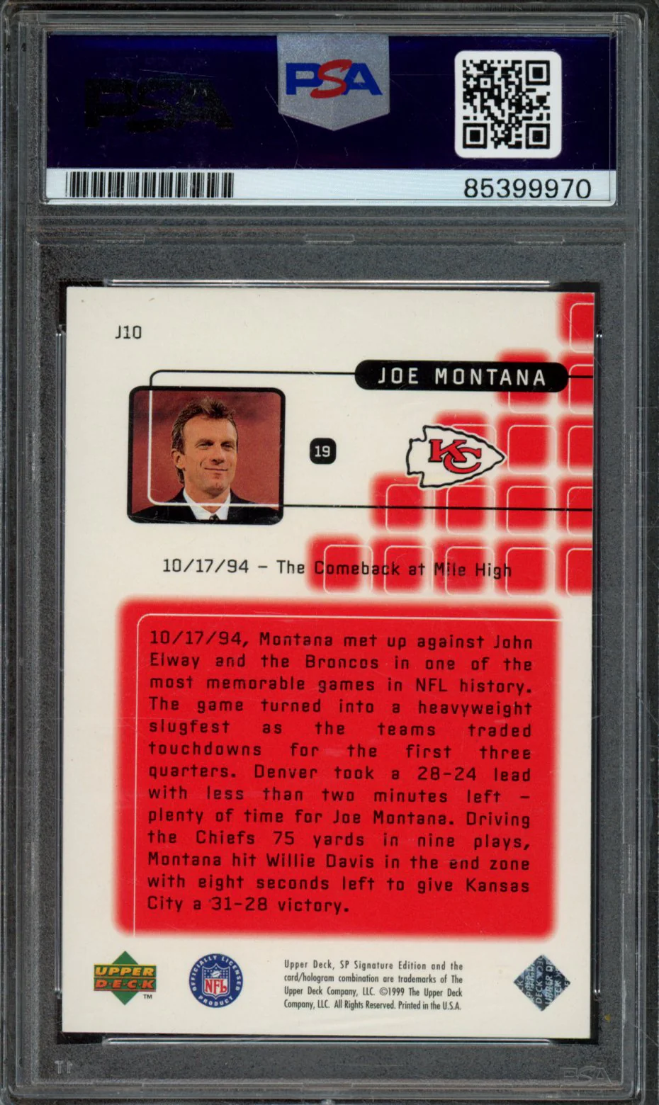1999 UPPER DECK SP JOE MONTANA #J10 PSA/DNA AUTHENTIC AUTO - Image 2
