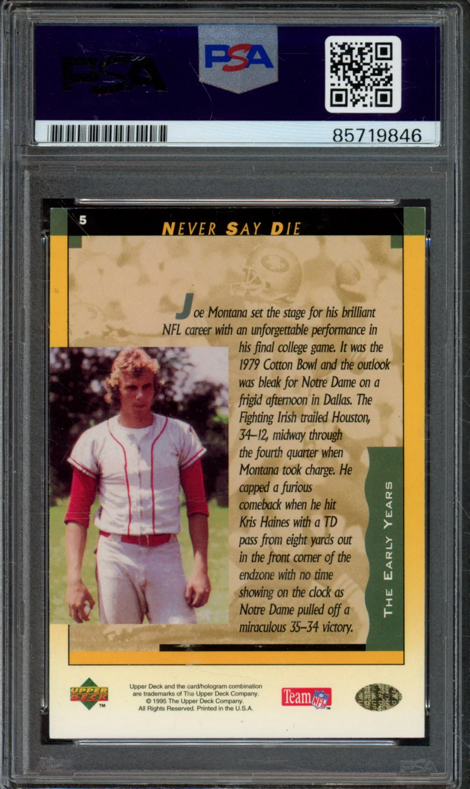 1995 UPPER DECK JOE MONTANA NEVER SAY DIE #5 PSA/DNA AUTHENTIC AUTOGRAPH - Image 2