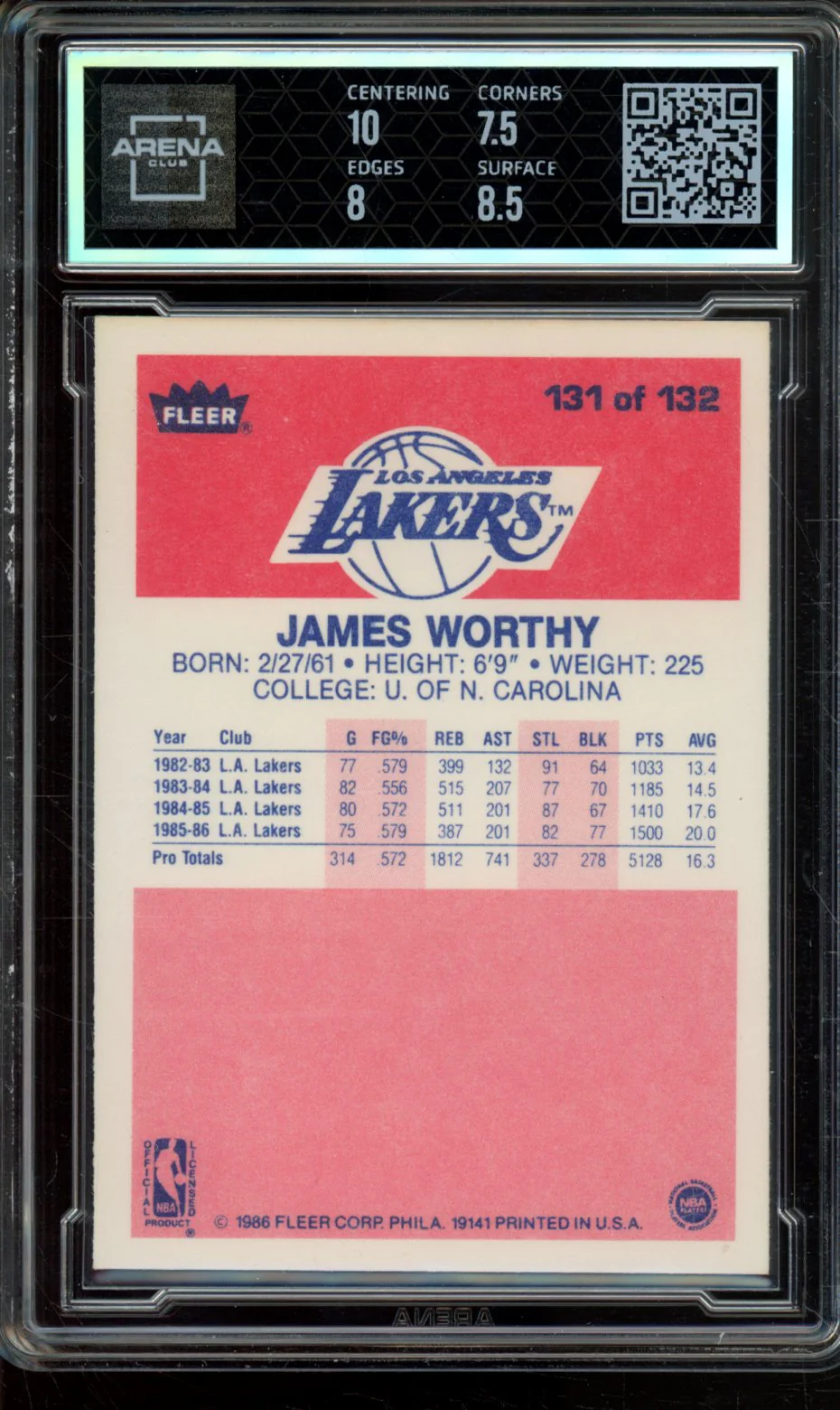 1986-87 FLEER JAMES WORTHY #131 ARENA CLUB 8 - Image 2