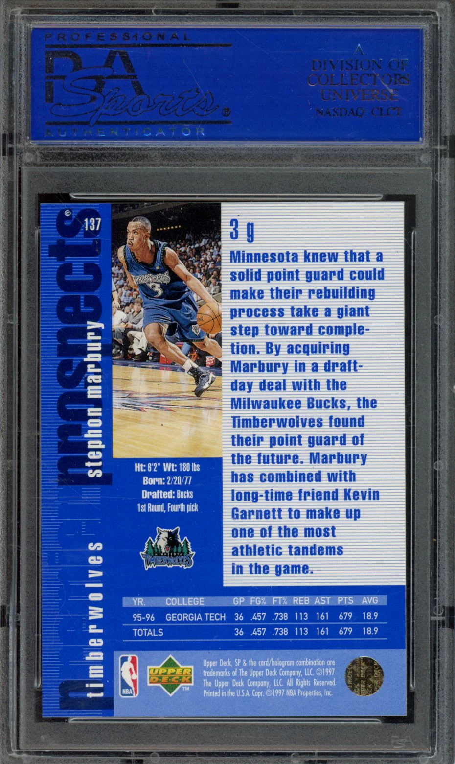 1996 SP #137 STEPHON MARBURY PSA 10 - Image 2