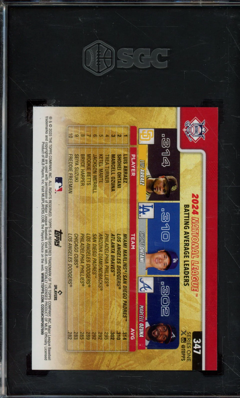 2025 topps #347 ohtani/arraez/ozuna GOLDEN MIRROR VARIATION SGC 8 - Image 2