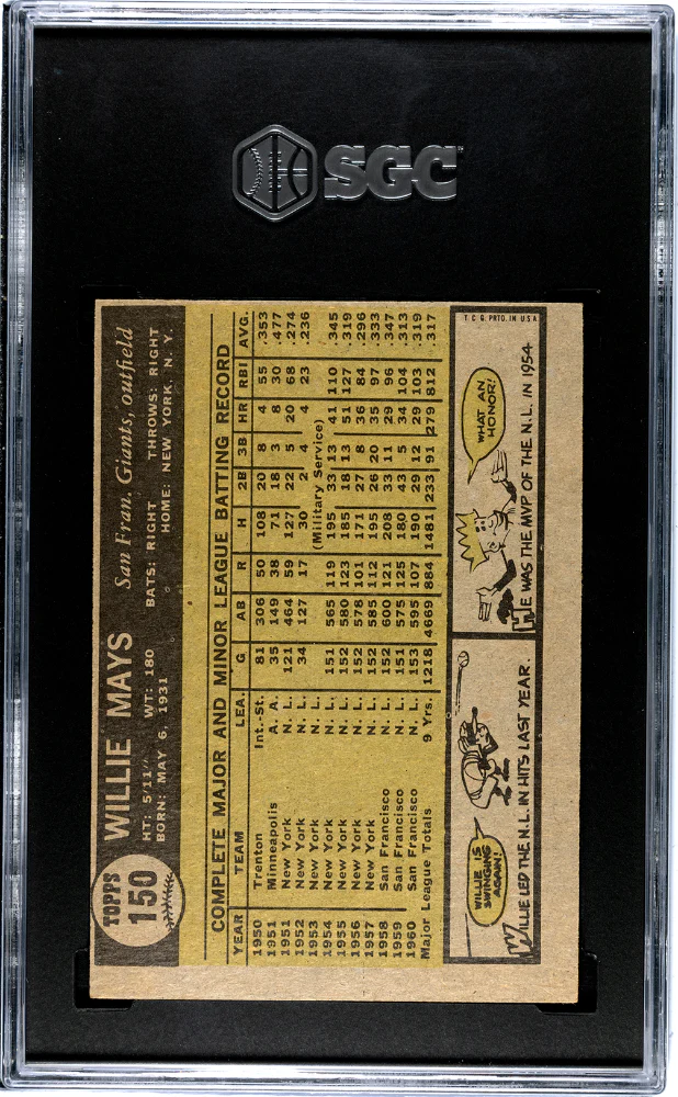 WILLIE MAYS #150 1961 TOPPS - SGC 3 VG - Image 2