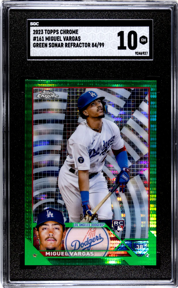 MIGUEL VARGAS #161 2023 TOPPS CHROME GREEN SONAR REF. /99 SGC 10 GEM