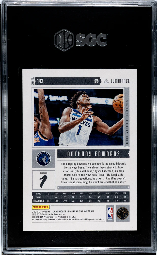 ANTHONY EDWARDS #143 2020-21 PANINI CHRONICLES LUMINANCE SGC 9.5 MT+ - Image 2