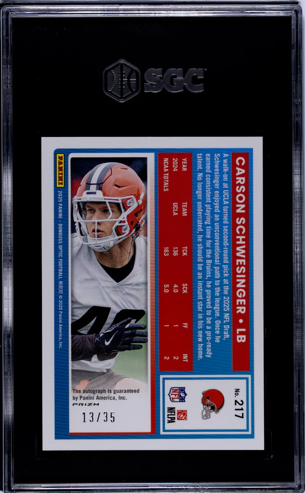 CARSON SCHWESINGER #217 2025 DONRUSS OPTIC AUTO. BLACK PANDORA PRIZM /35 SGC 9.5 MT+ - Image 2