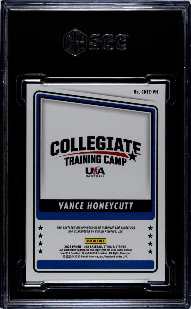 VANCE HONEYCUTT #CNTC-VH 2023 PANINI STARS & STRIPES COLLEGIATE NATIONAL TRAINING CAMP MAT. AUTO. PRIME /25 SGC 8 NM, MT - Image 2