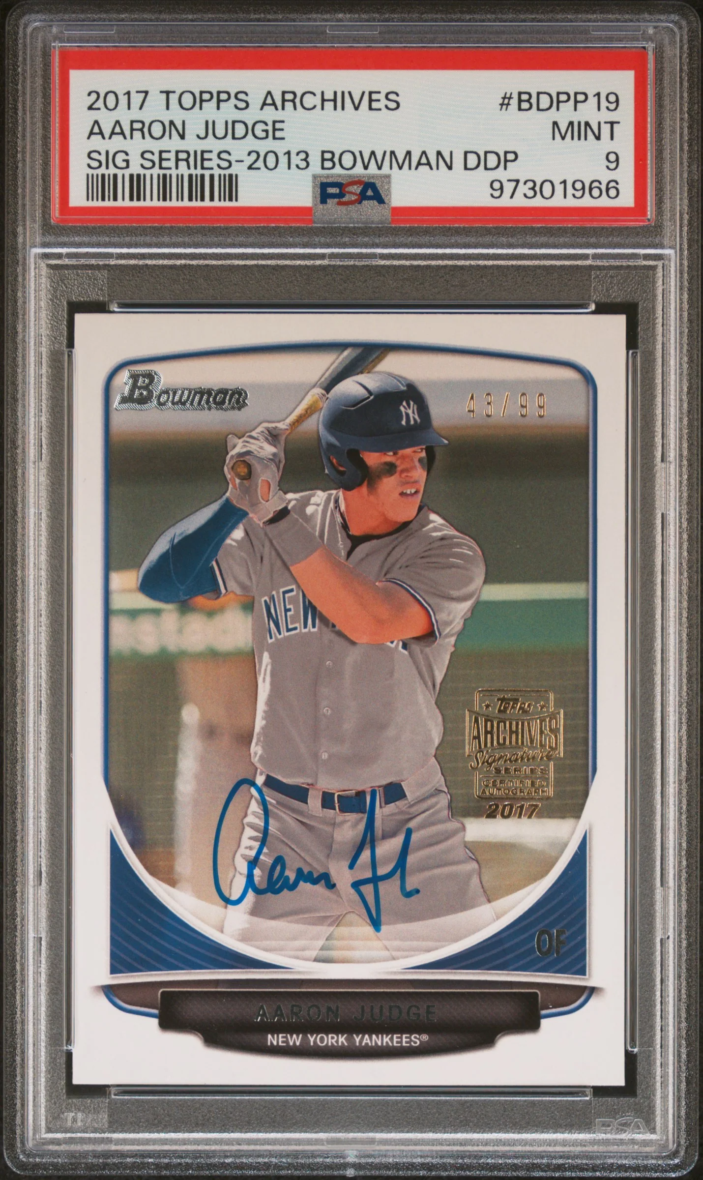 AARON JUDGE | 2017 TOPPS ARCHIVES SIGNATURES SERIES BDPP19 | SIG SERIES-2013 BOWMAN DDP | PSA MINT 9