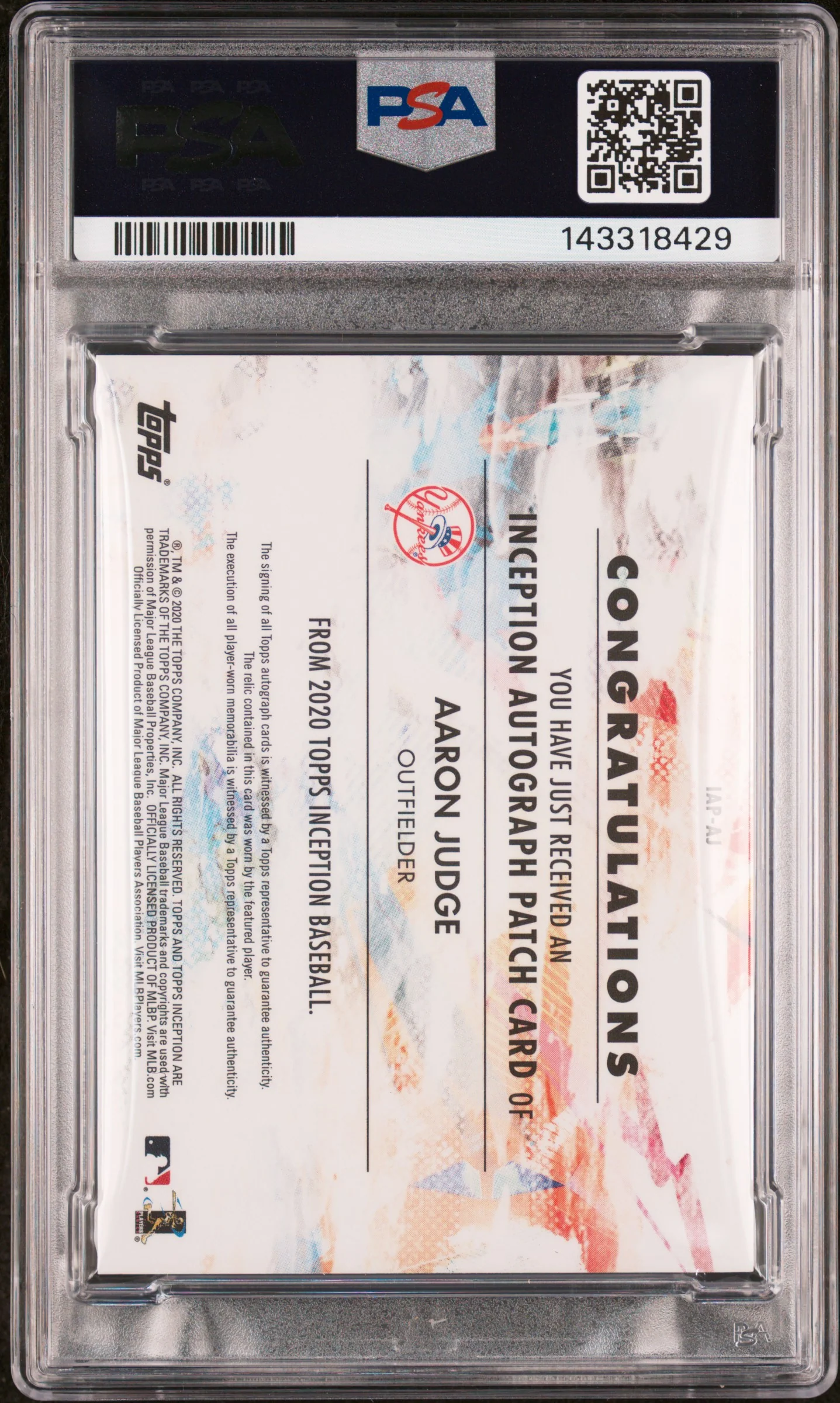 AARON JUDGE | 2020 TOPPS INCEPTION AUTOGRAPH PATCH AJ | AUTOGRAPH PATCH | PSA GEM MT 10 - Image 2