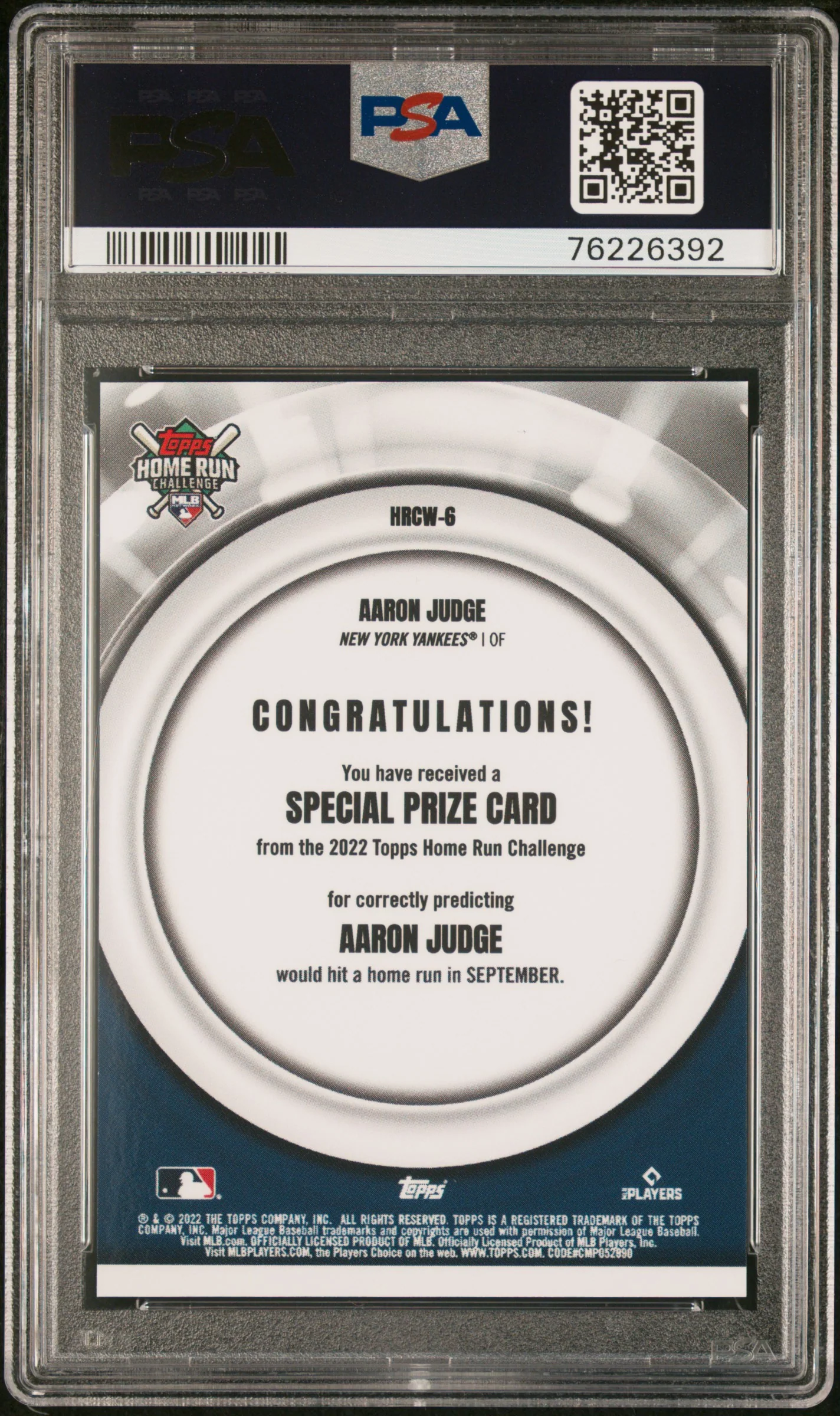 AARON JUDGE | 2022 TOPPS HOME RUN CHALLENGE WINNERS HRCW6 | HR CHLNG.WIN-SEPT-61 | PSA GEM MT 10 - Image 2