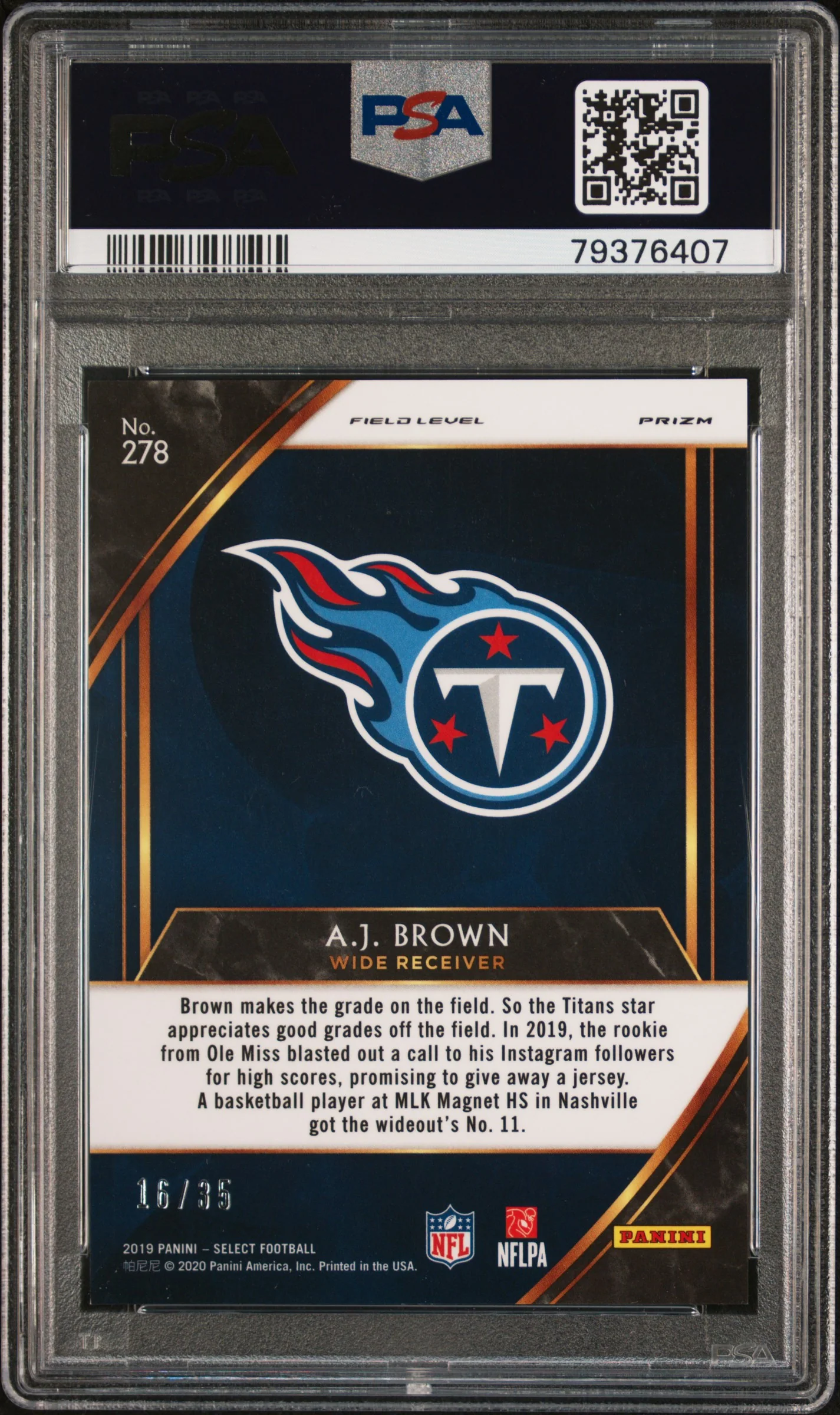 A.J. BROWN | 2019 PANINI SELECT 278 | WHITE PRIZM | PSA MINT 9 - Image 2