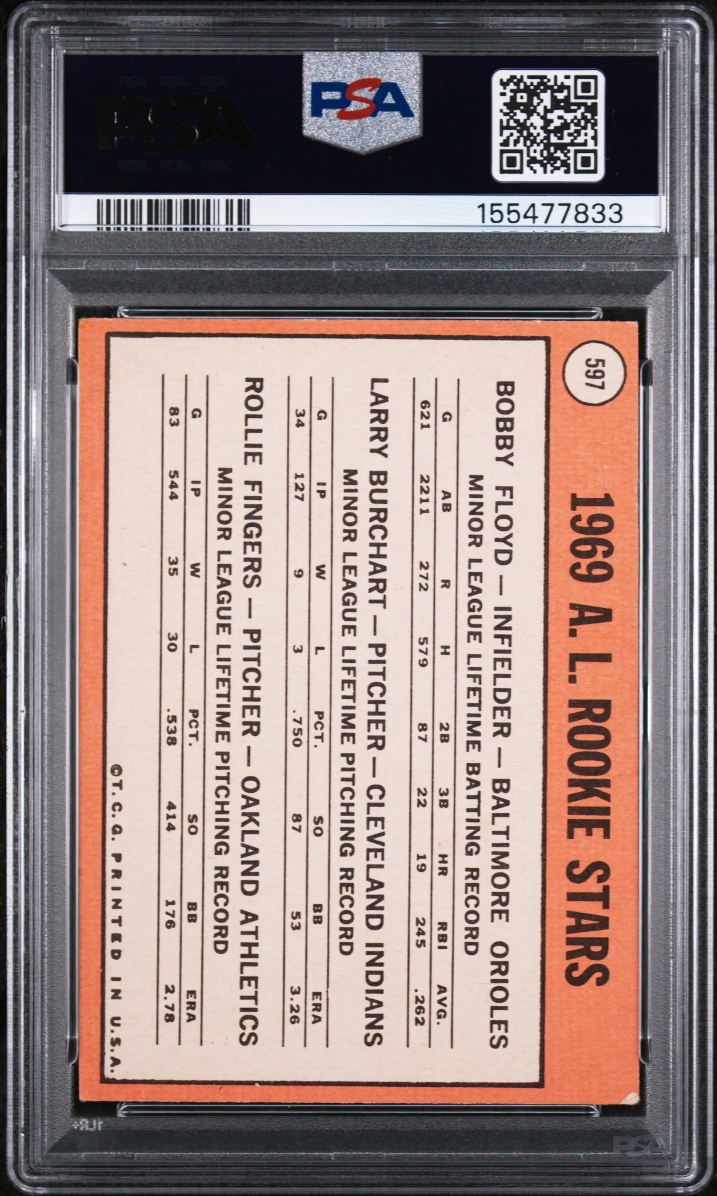 A.L. ROOKIES | 1969 TOPPS 597 | FLOYD/BURCHART/FINGERS | PSA VG-EX 4 - Image 2