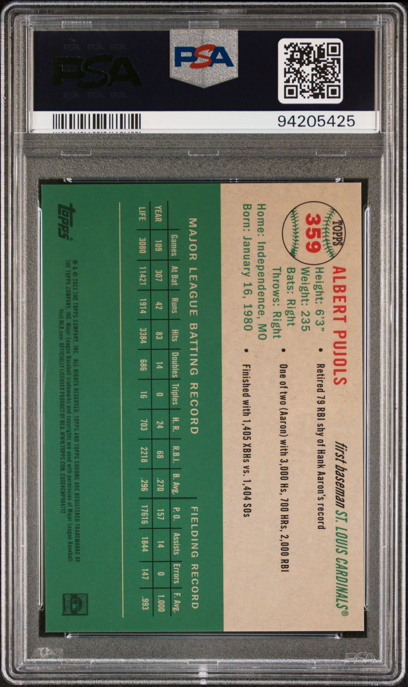 ALBERT PUJOLS | 2023 TOPPS CHROME PLATINUM ANNIVERSARY 359 | TOPPS REFRACTOR | PSA GEM MT 10 - Image 2
